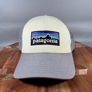 Patagonia P-6 Logo LoPro Trucker Hat Mens Gray Beige Mesh Snapback Cap
